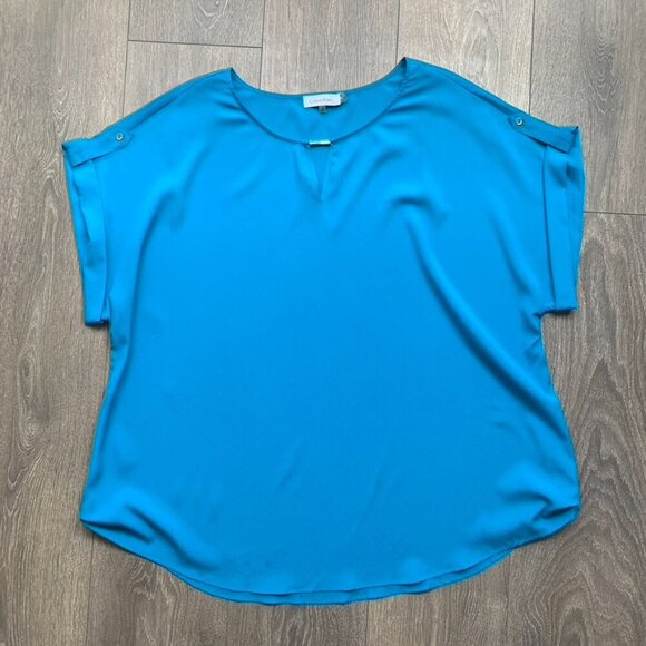 Calvin Klein Women's Draped Blouse Top Short Sleeve Blue Plus Size 1X - Picture 4 of 15